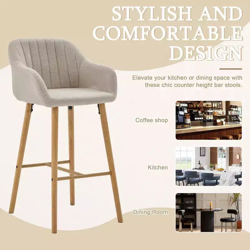TUYOHW Lot de 2 tabourets de bar modernes en bois massif, chaises hautes d'îlot de cuisine avec accoudoir et repose-pieds, tabourets de bar en tissu de lin doux hauteur comptoir