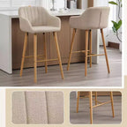 TUYOHW Lot de 2 tabourets de bar modernes en bois massif, chaises hautes d'îlot de cuisine avec accoudoir et repose-pieds, tabourets de bar en tissu de lin doux hauteur comptoir