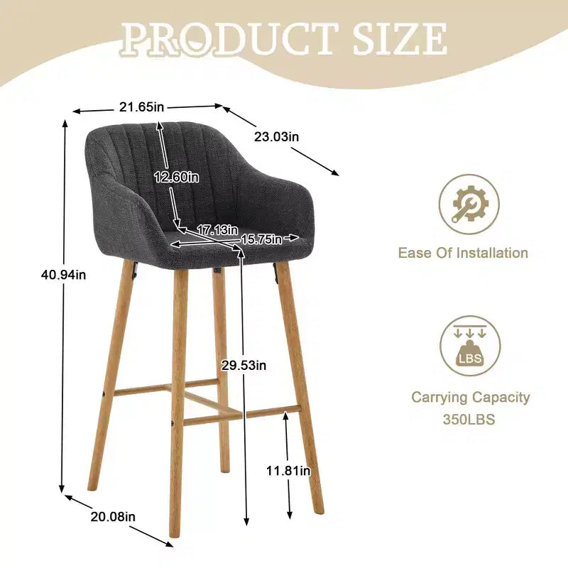 TUYOHW Lot de 2 tabourets de bar modernes en bois massif, chaises hautes d'îlot de cuisine avec accoudoir et repose-pieds, tabourets de bar en tissu de lin doux hauteur comptoir