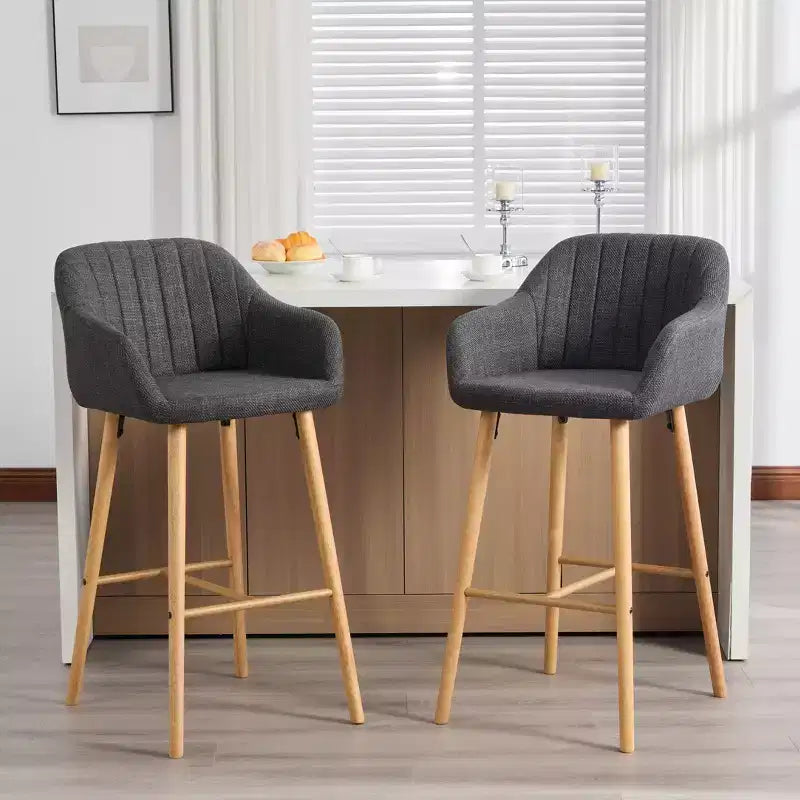 TUYOHW Lot de 2 tabourets de bar modernes en bois massif, chaises hautes d'îlot de cuisine avec accoudoir et repose-pieds, tabourets de bar en tissu de lin doux hauteur comptoir