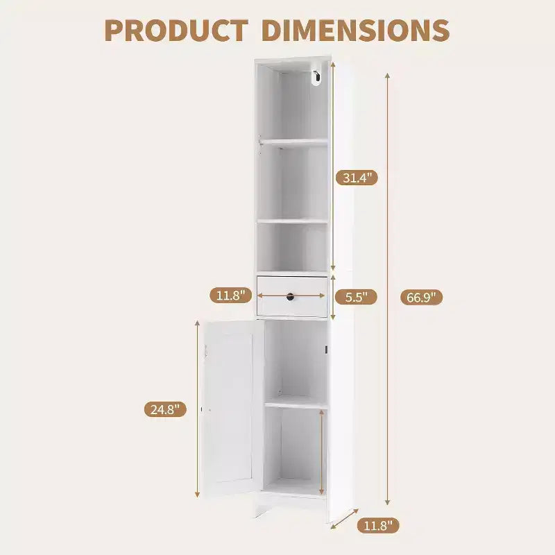 Meuble de rangement haut et étroit de 167 cm avec étagères réglables et tiroir – Organisateur autoportant peu encombrant pour salle de bain, cuisine, entrée