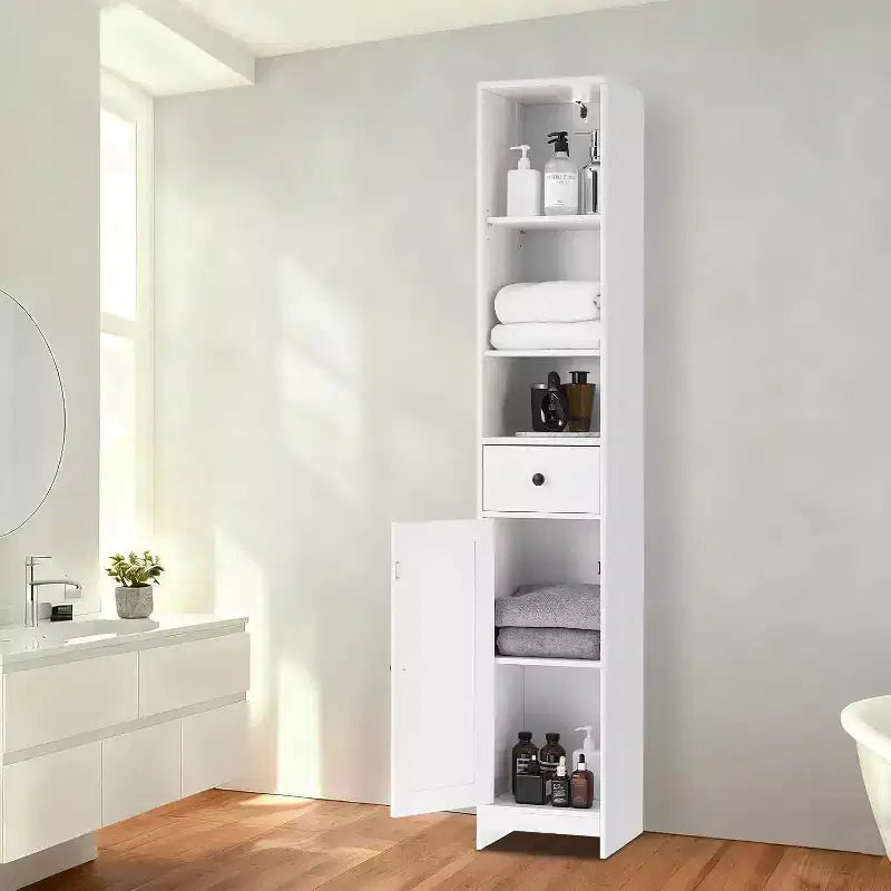 Meuble de rangement haut et étroit de 167 cm avec étagères réglables et tiroir – Organisateur autoportant peu encombrant pour salle de bain, cuisine, entrée