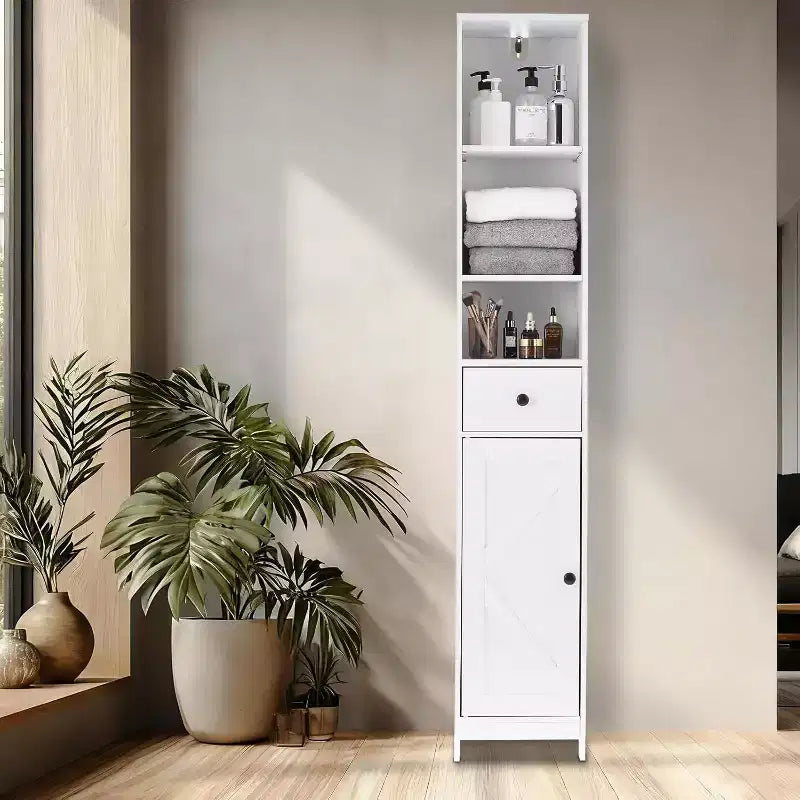 Meuble de rangement haut et étroit de 167 cm avec étagères réglables et tiroir – Organisateur autoportant peu encombrant pour salle de bain, cuisine, entrée
