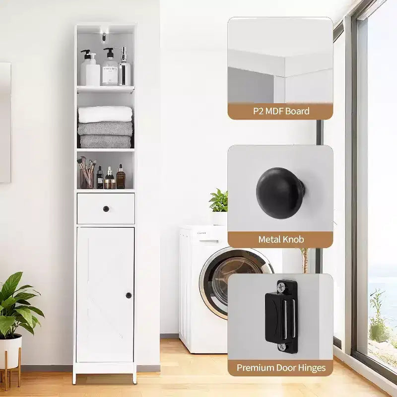 Meuble de rangement haut et étroit de 167 cm avec étagères réglables et tiroir – Organisateur autoportant peu encombrant pour salle de bain, cuisine, entrée