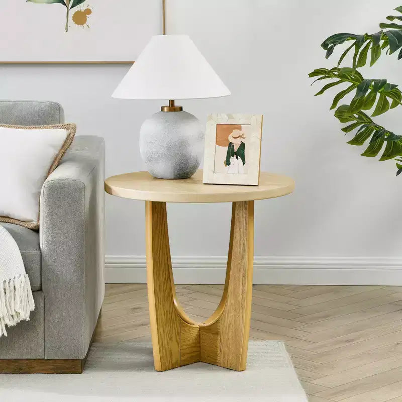 Farmhouse Wood End Table, 25 Round Coffee Table, X-Leg Support, Contemporary Nightstand for Small Spaces, Living Room, Bedroom, Oak