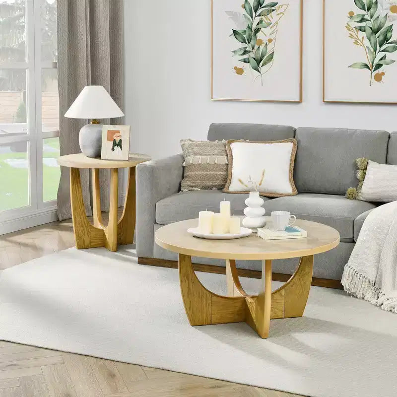 Farmhouse Wood End Table, 25 Round Coffee Table, X-Leg Support, Contemporary Nightstand for Small Spaces, Living Room, Bedroom, Oak