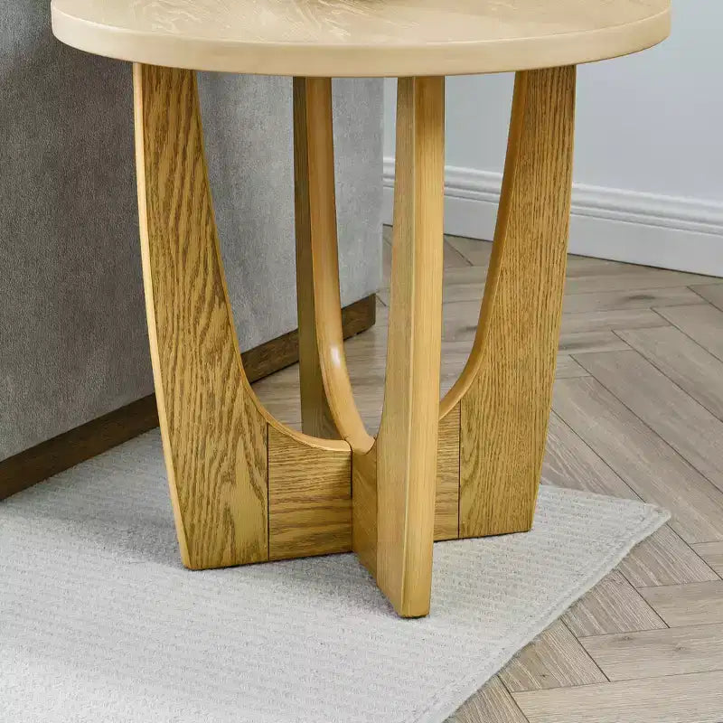 Farmhouse Wood End Table, 25 Round Coffee Table, X-Leg Support, Contemporary Nightstand for Small Spaces, Living Room, Bedroom, Oak