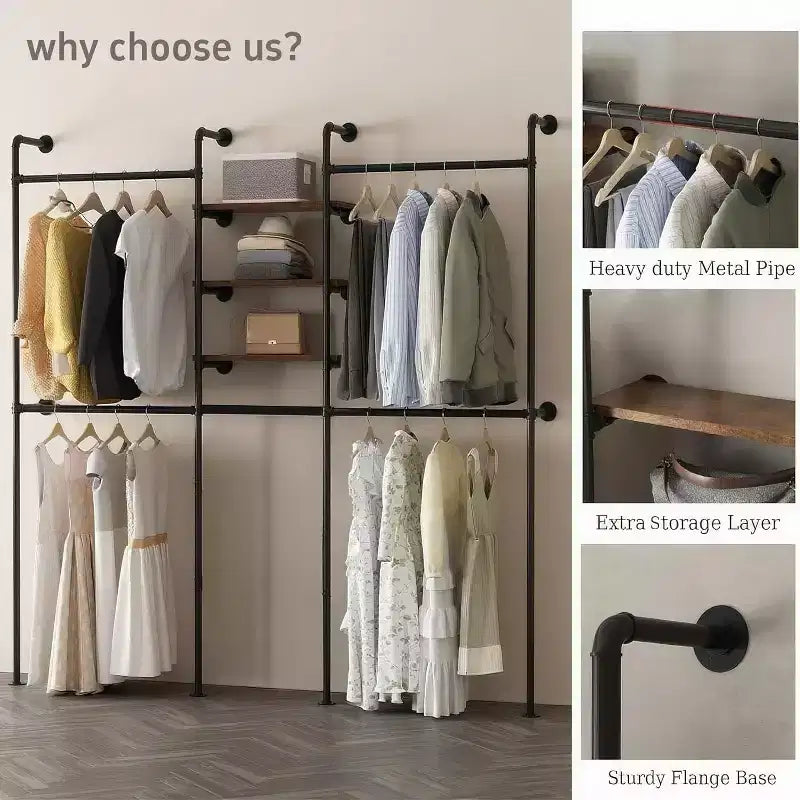 COZONY Industrial Pipe Clothes Rack w/ 3 Shelves & LED Light Bar,81 Garment Rack, Wall Mount / Free Standing, Walk-in Closet Organizer, Vintage Style
