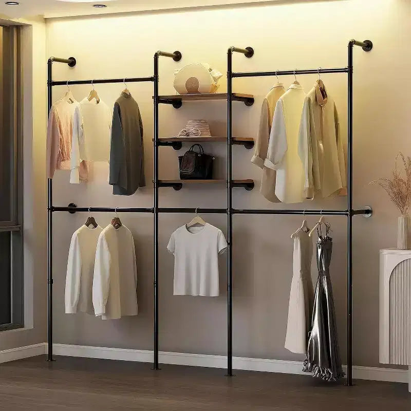 COZONY Industrial Pipe Clothes Rack w/ 3 Shelves & LED Light Bar,81 Garment Rack, Wall Mount / Free Standing, Walk-in Closet Organizer, Vintage Style