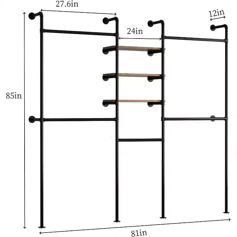 COZONY Industrial Pipe Clothes Rack w/ 3 Shelves & LED Light Bar,81 Garment Rack, Wall Mount / Free Standing, Walk-in Closet Organizer, Vintage Style