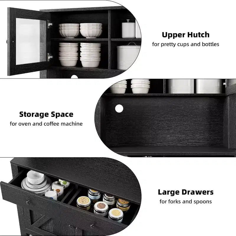 Microwave Cabinet, Particleboard Material, Black Wood Grain, for Kitchen Storage