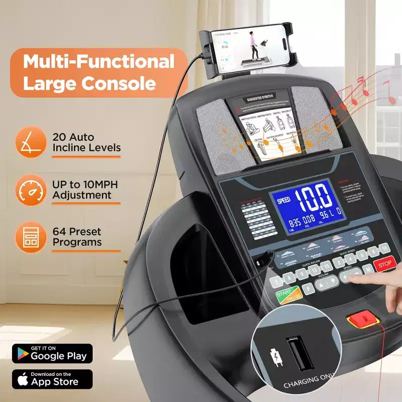 Tapis de course pliable 5 CV avec inclinaison automatique de 20 %, supporte 180 kg, pour la maison, contrôle personnalisé par application, 71 programmes, vitesse rapide de 19 km/h pour une intensité d'entraînement variée