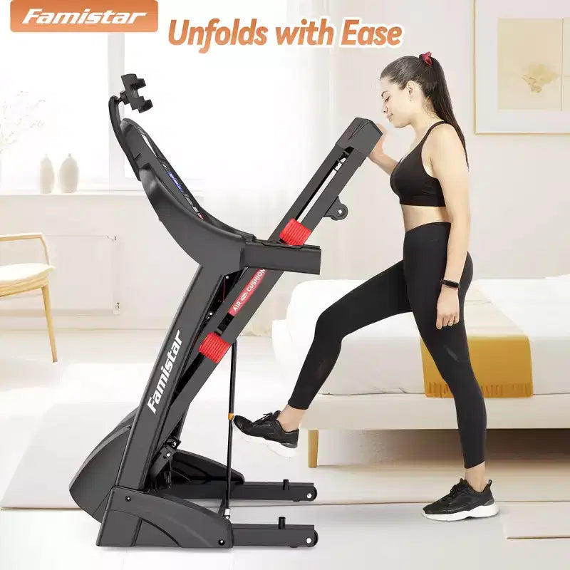 Tapis de course pliable 5 CV avec inclinaison automatique de 20 %, supporte 180 kg, pour la maison, contrôle personnalisé par application, 71 programmes, vitesse rapide de 19 km/h pour une intensité d'entraînement variée
