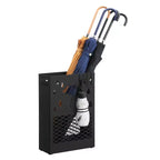 SONGMICS Metal Umbrella Stand, Rectangular Umbrella Holder Rack, with a Removable Drip Tray, 4 Hooks, Cutout Design, for Entryway, Office, Black