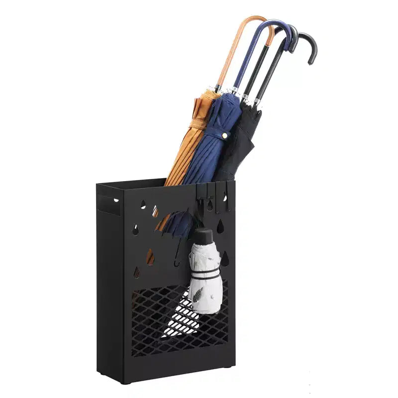 SONGMICS Metal Umbrella Stand, Rectangular Umbrella Holder Rack, with a Removable Drip Tray, 4 Hooks, Cutout Design, for Entryway, Office, Black