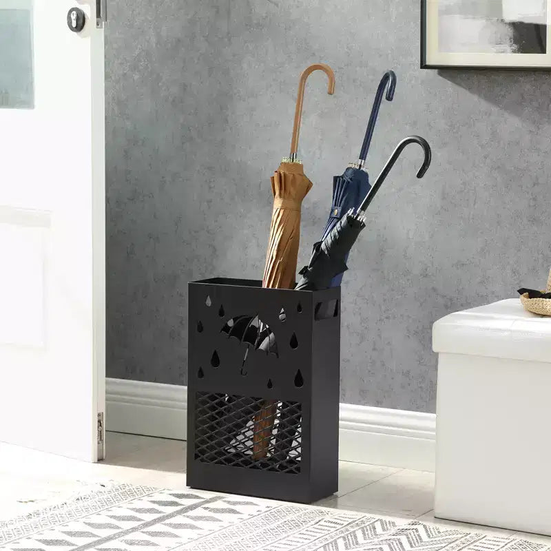 SONGMICS Porte-parapluies en métal, support rectangulaire pour parapluies, avec égouttoir amovible, 4 crochets, motif découpé, pour entrée, bureau, noir