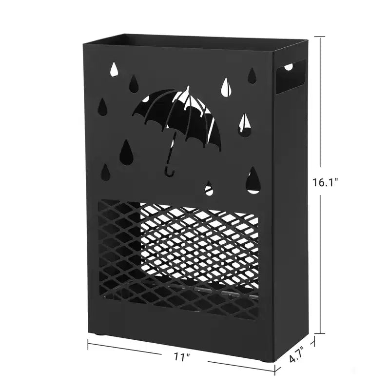SONGMICS Porte-parapluies en métal, support rectangulaire pour parapluies, avec égouttoir amovible, 4 crochets, motif découpé, pour entrée, bureau, noir