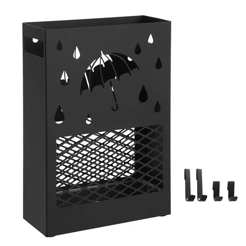 SONGMICS Porte-parapluies en métal, support rectangulaire pour parapluies, avec égouttoir amovible, 4 crochets, motif découpé, pour entrée, bureau, noir