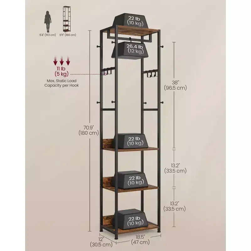 VASAGLE Coat Rack, Freestanding Hall Tree with Shelves,Hanging Rail,and Hooks,Space-Saving Coat Stand,Steel Frame