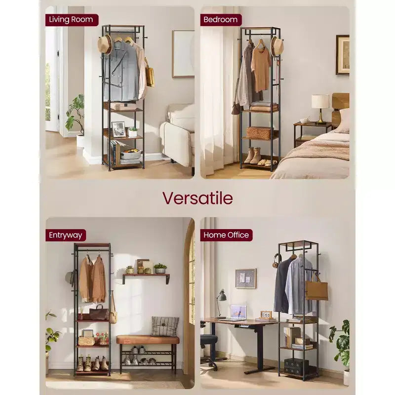 VASAGLE Coat Rack, Freestanding Hall Tree with Shelves,Hanging Rail,and Hooks,Space-Saving Coat Stand,Steel Frame