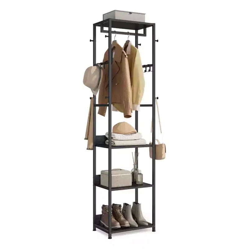 VASAGLE Coat Rack, Freestanding Hall Tree with Shelves,Hanging Rail,and Hooks,Space-Saving Coat Stand,Steel Frame