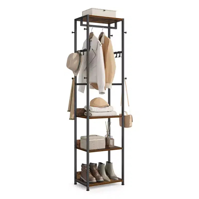 VASAGLE Coat Rack, Freestanding Hall Tree with Shelves,Hanging Rail,and Hooks,Space-Saving Coat Stand,Steel Frame