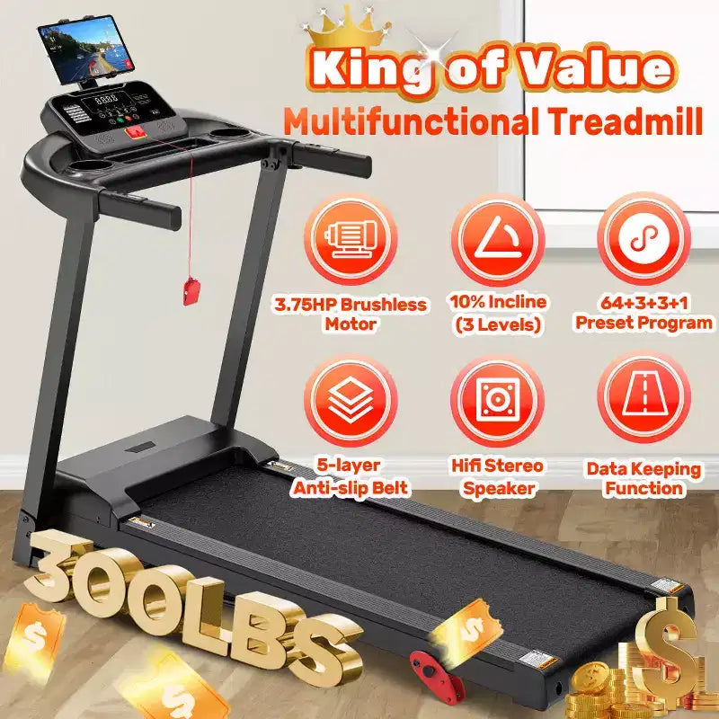 Tapis de course incliné capacité 136 kg, tapis de course pliable 3,75 CV pour la maison, 71 programmes, contrôle via application, 12 km/h, haut-parleur HiFi, absorption des chocs, cadeau sangle de genou
