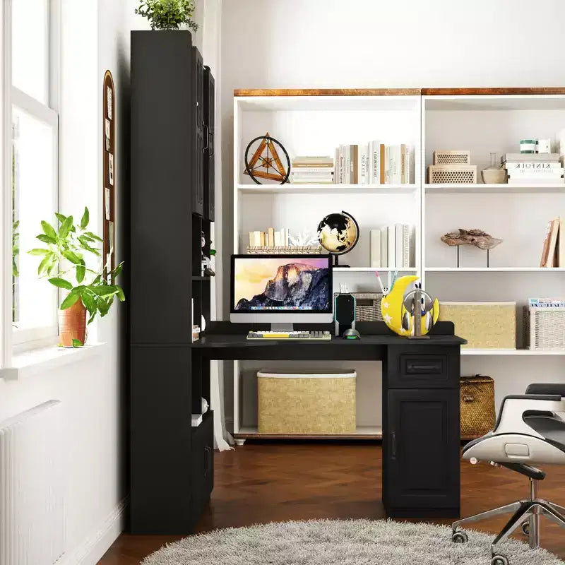 Bureau d'angle avec huche, Bureau d'angle avec huche et tiroirs, Bureau informatique moderne pour bureau à domicile et salle d'étude, Table d'étude et d'écriture 2-en-1