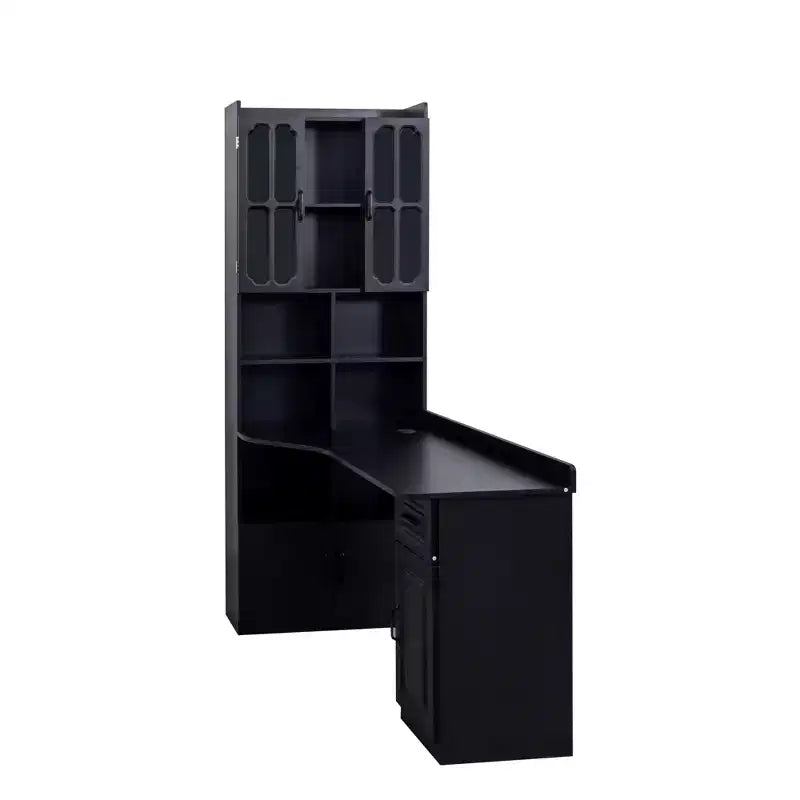 Bureau d'angle avec huche, Bureau d'angle avec huche et tiroirs, Bureau informatique moderne pour bureau à domicile et salle d'étude, Table d'étude et d'écriture 2-en-1