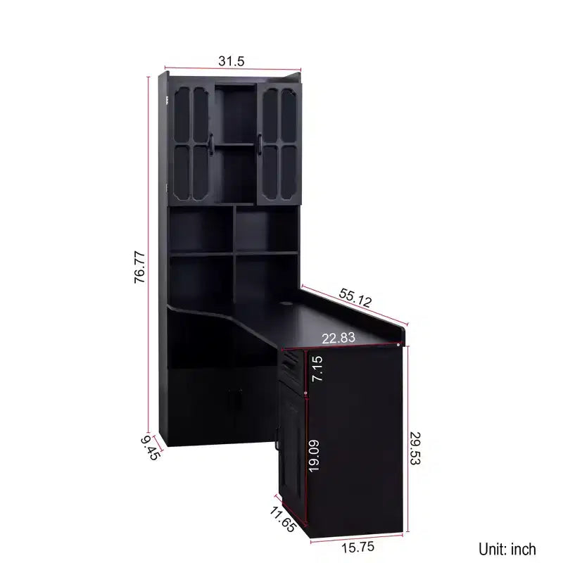 Bureau d'angle avec huche, Bureau d'angle avec huche et tiroirs, Bureau informatique moderne pour bureau à domicile et salle d'étude, Table d'étude et d'écriture 2-en-1