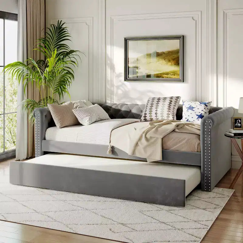 Christopher Knight Home Upholstered Tufted Button Velvet Daybed with Trundle