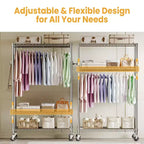 3 Tier Clothes Rack with Wheels, Heavy Duty Garment Rack with 2 Hanging Rod, Freestanding Closet Organizer for Bedroom Living Room