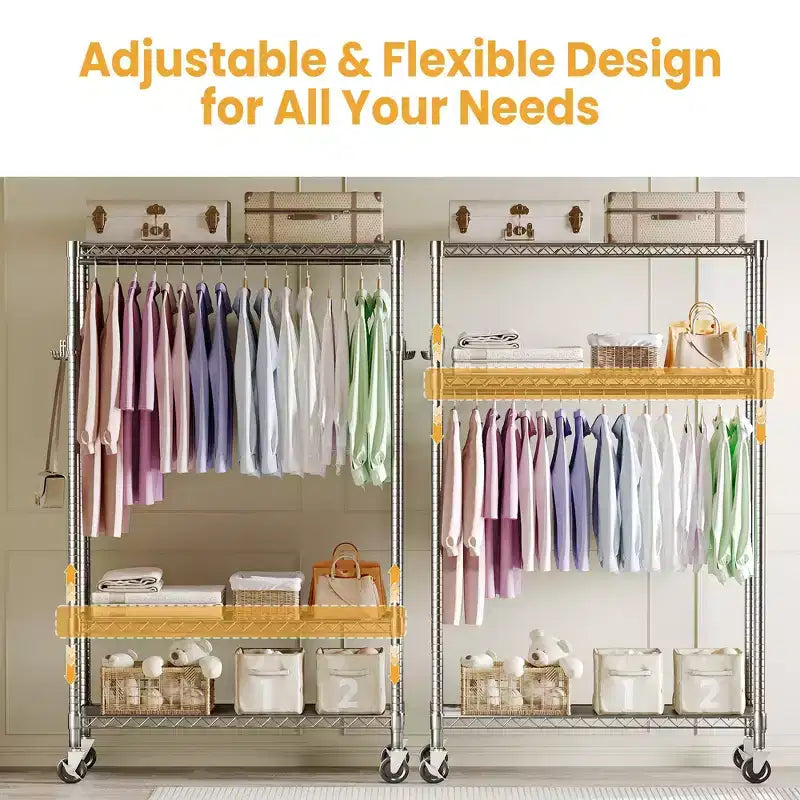 3 Tier Clothes Rack with Wheels, Heavy Duty Garment Rack with 2 Hanging Rod, Freestanding Closet Organizer for Bedroom Living Room