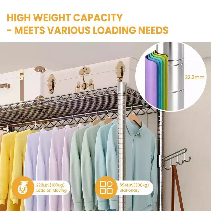 3 Tier Clothes Rack with Wheels, Heavy Duty Garment Rack with 2 Hanging Rod, Freestanding Closet Organizer for Bedroom Living Room