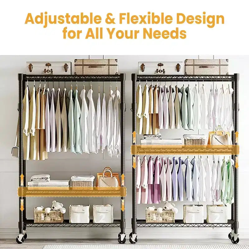 3 Tier Clothes Rack with Wheels, Heavy Duty Garment Rack with 2 Hanging Rod, Freestanding Closet Organizer for Bedroom Living Room