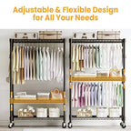 3 Tier Clothes Rack with Wheels, Heavy Duty Garment Rack with 2 Hanging Rod, Freestanding Closet Organizer for Bedroom Living Room