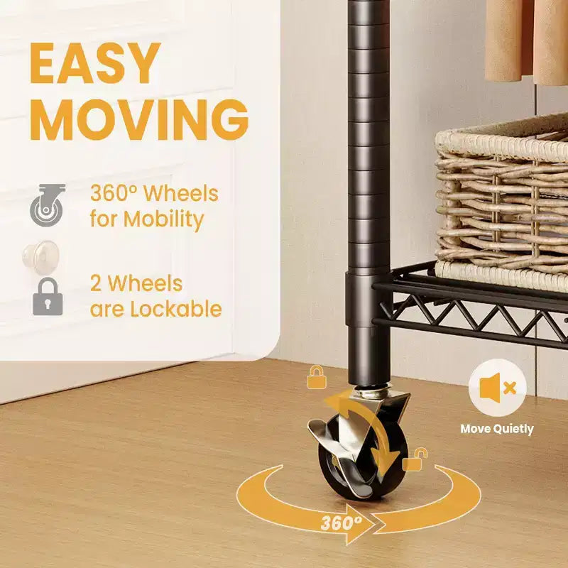 3 Tier Clothes Rack with Wheels, Heavy Duty Garment Rack with 2 Hanging Rod, Freestanding Closet Organizer for Bedroom Living Room