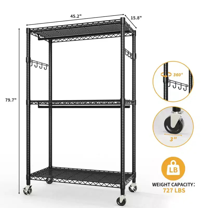 3 Tier Clothes Rack with Wheels, Heavy Duty Garment Rack with 2 Hanging Rod, Freestanding Closet Organizer for Bedroom Living Room
