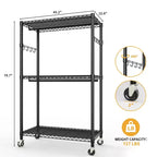 3 Tier Clothes Rack with Wheels, Heavy Duty Garment Rack with 2 Hanging Rod, Freestanding Closet Organizer for Bedroom Living Room