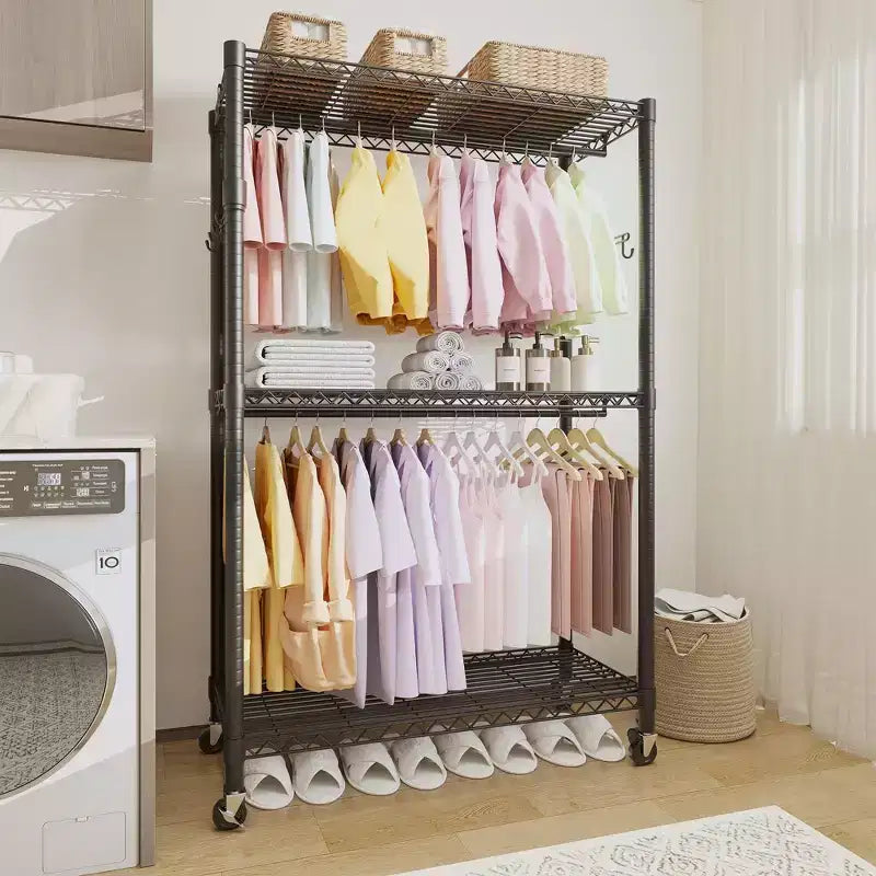 3 Tier Clothes Rack with Wheels, Heavy Duty Garment Rack with 2 Hanging Rod, Freestanding Closet Organizer for Bedroom Living Room
