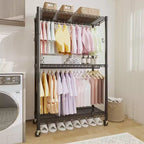 3 Tier Clothes Rack with Wheels, Heavy Duty Garment Rack with 2 Hanging Rod, Freestanding Closet Organizer for Bedroom Living Room