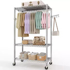 3 Tier Clothes Rack with Wheels, Heavy Duty Garment Rack with 2 Hanging Rod, Freestanding Closet Organizer for Bedroom Living Room