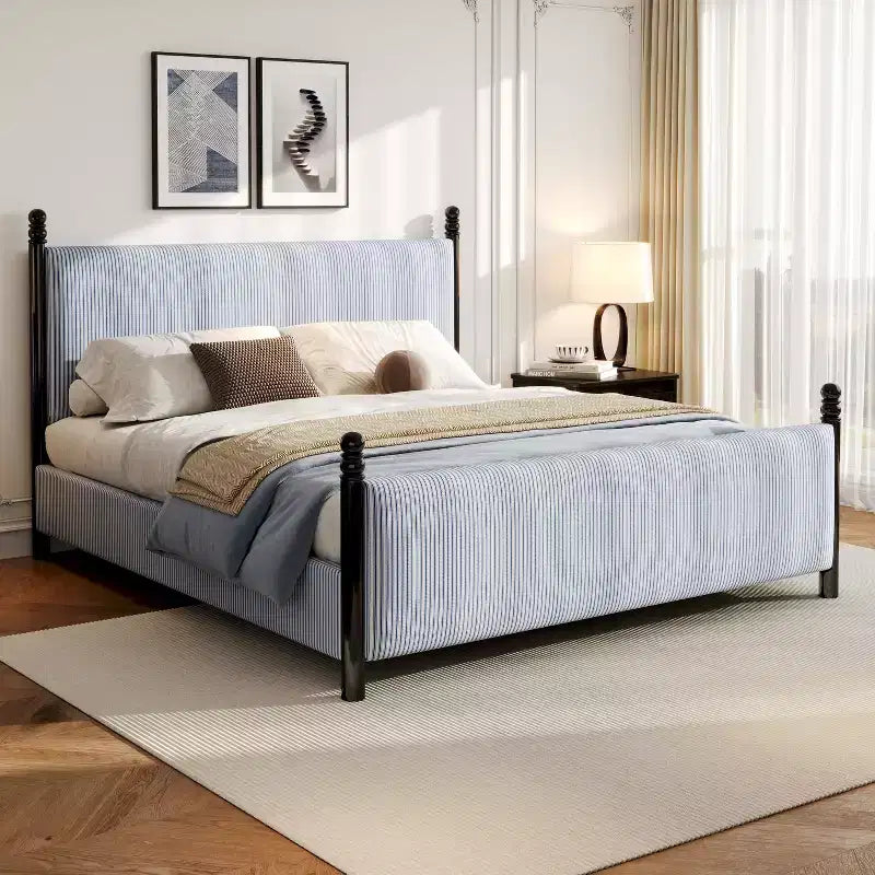 Queen/King Size Upholstered Platform Bed Frame with Padded Headboard, Sturdy Rubberwood Frame & Striped Design,Black + Blue White Stripes - ModernLuxe