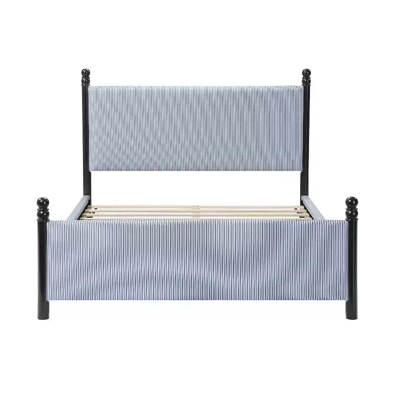 Cadre de lit plateforme rembourré grand lit/très grand lit avec tête de lit capitonnée, cadre robuste en bois d'hévéa et design rayé, rayures noires + bleu et blanc - ModernLuxe