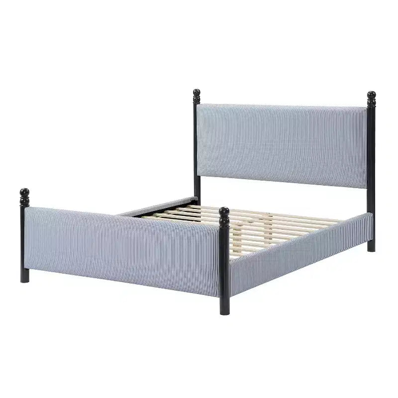 Cadre de lit plateforme rembourré grand lit/très grand lit avec tête de lit capitonnée, cadre robuste en bois d'hévéa et design rayé, rayures noires + bleu et blanc - ModernLuxe