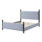 Cadre de lit plateforme rembourré grand lit/très grand lit avec tête de lit capitonnée, cadre robuste en bois d'hévéa et design rayé, rayures noires + bleu et blanc - ModernLuxe