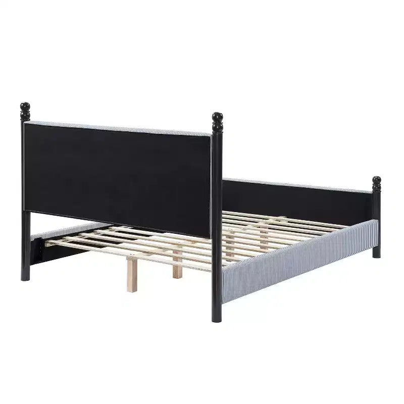 Cadre de lit plateforme rembourré grand lit/très grand lit avec tête de lit capitonnée, cadre robuste en bois d'hévéa et design rayé, rayures noires + bleu et blanc - ModernLuxe