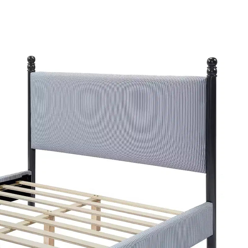 Cadre de lit plateforme rembourré grand lit/très grand lit avec tête de lit capitonnée, cadre robuste en bois d'hévéa et design rayé, rayures noires + bleu et blanc - ModernLuxe