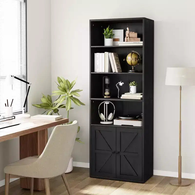COZONY Bibliothèque 6 niveaux de 181 cm avec portes - Étagère de rangement en bois, meuble de rangement sur pied pour bureau, salon, chambre, cuisine