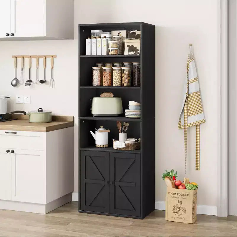 COZONY Bibliothèque 6 niveaux de 181 cm avec portes - Étagère de rangement en bois, meuble de rangement sur pied pour bureau, salon, chambre, cuisine
